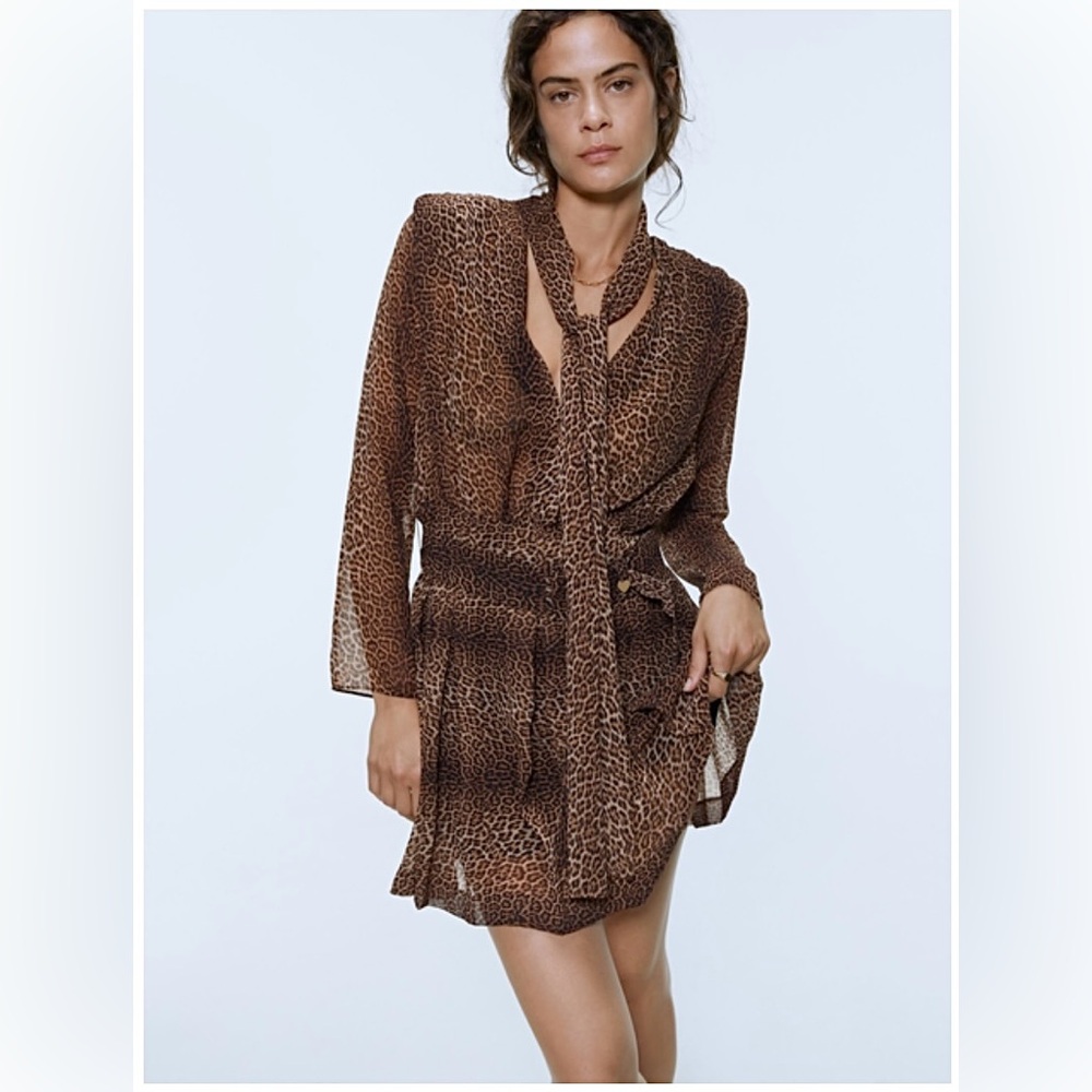 ZARA NWT Leopard Print Chiffon Belted Mini Dress ft a tie neck, XS